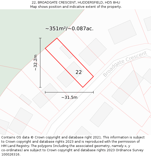 22, BROADGATE CRESCENT, HUDDERSFIELD, HD5 8HU: Plot and title map