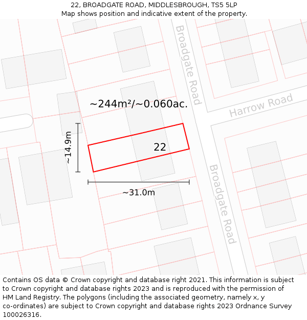 22, BROADGATE ROAD, MIDDLESBROUGH, TS5 5LP: Plot and title map