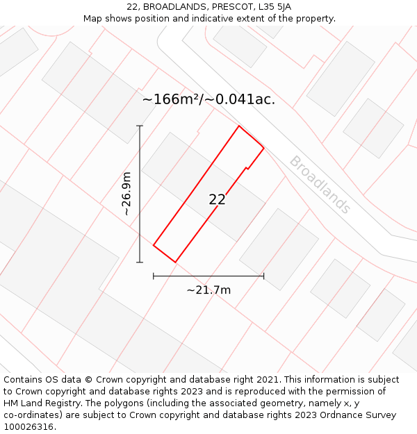 22, BROADLANDS, PRESCOT, L35 5JA: Plot and title map