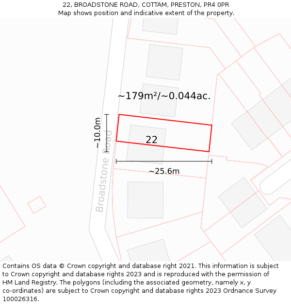 22, BROADSTONE ROAD, COTTAM, PRESTON, PR4 0PR: Plot and title map