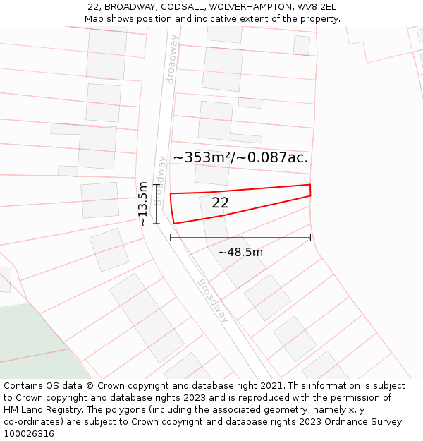 22, BROADWAY, CODSALL, WOLVERHAMPTON, WV8 2EL: Plot and title map