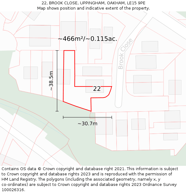 22, BROOK CLOSE, UPPINGHAM, OAKHAM, LE15 9PE: Plot and title map