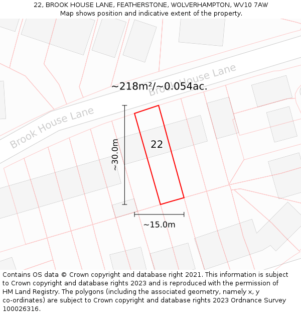 22, BROOK HOUSE LANE, FEATHERSTONE, WOLVERHAMPTON, WV10 7AW: Plot and title map