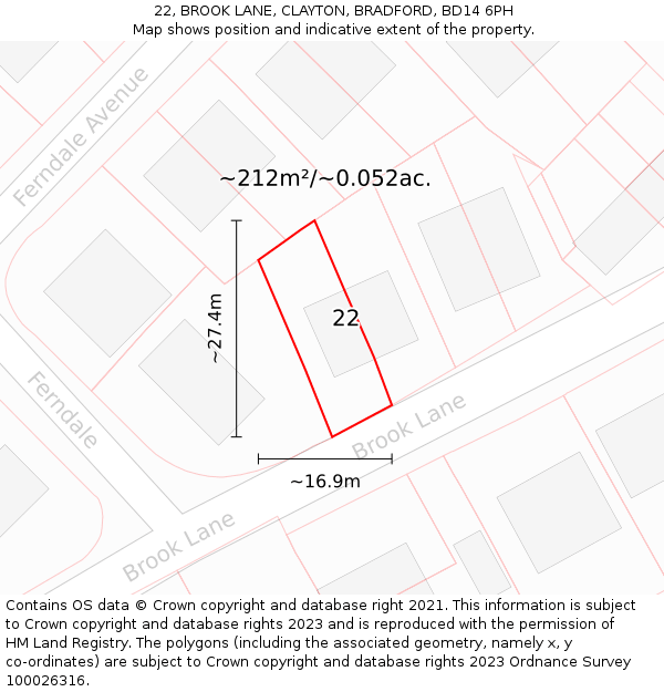 22, BROOK LANE, CLAYTON, BRADFORD, BD14 6PH: Plot and title map