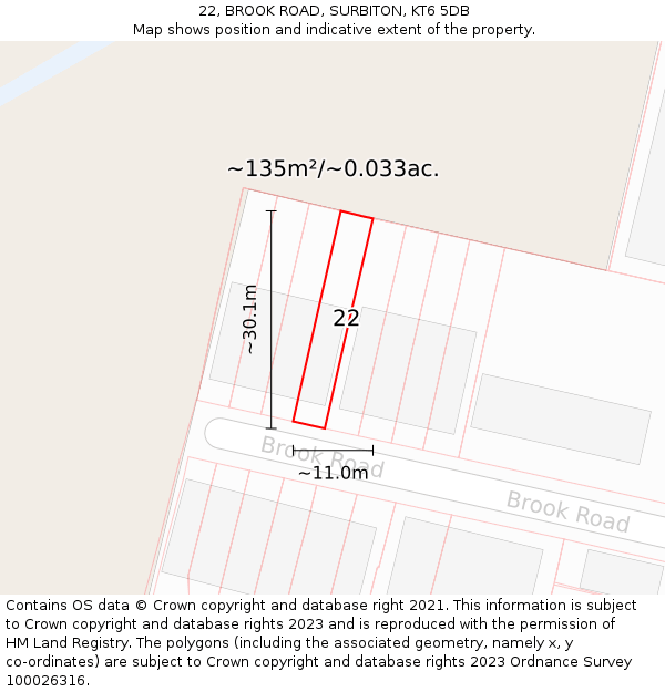 22, BROOK ROAD, SURBITON, KT6 5DB: Plot and title map