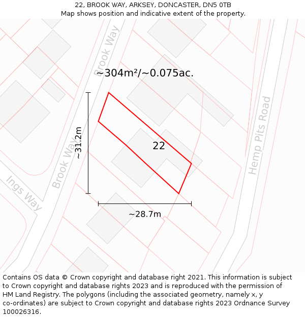 22, BROOK WAY, ARKSEY, DONCASTER, DN5 0TB: Plot and title map