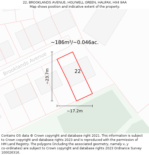 22, BROOKLANDS AVENUE, HOLYWELL GREEN, HALIFAX, HX4 9AA: Plot and title map