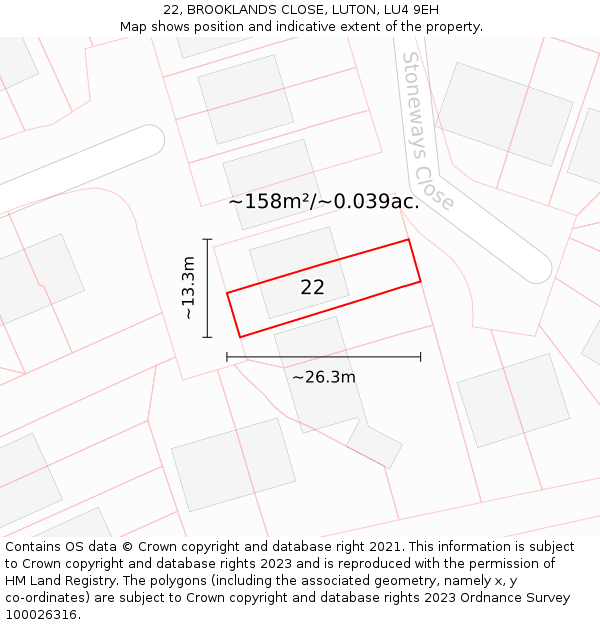 22, BROOKLANDS CLOSE, LUTON, LU4 9EH: Plot and title map