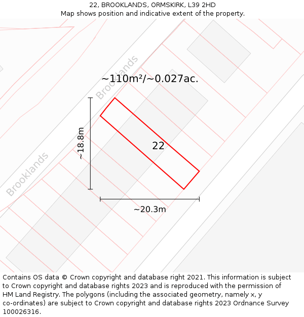 22, BROOKLANDS, ORMSKIRK, L39 2HD: Plot and title map