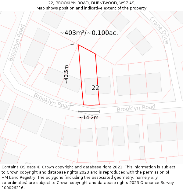 22, BROOKLYN ROAD, BURNTWOOD, WS7 4SJ: Plot and title map
