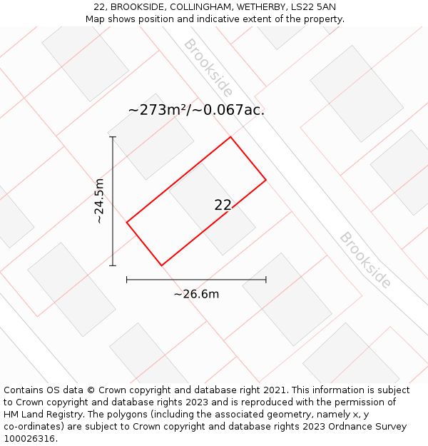 22, BROOKSIDE, COLLINGHAM, WETHERBY, LS22 5AN: Plot and title map