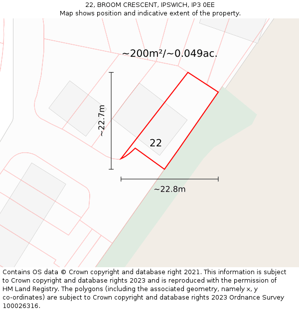 22, BROOM CRESCENT, IPSWICH, IP3 0EE: Plot and title map