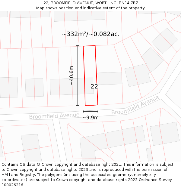22, BROOMFIELD AVENUE, WORTHING, BN14 7RZ: Plot and title map