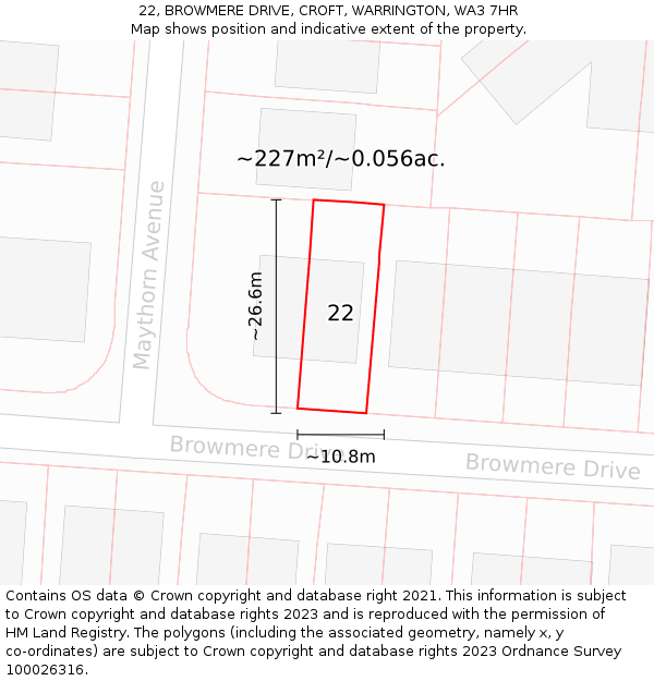 22, BROWMERE DRIVE, CROFT, WARRINGTON, WA3 7HR: Plot and title map