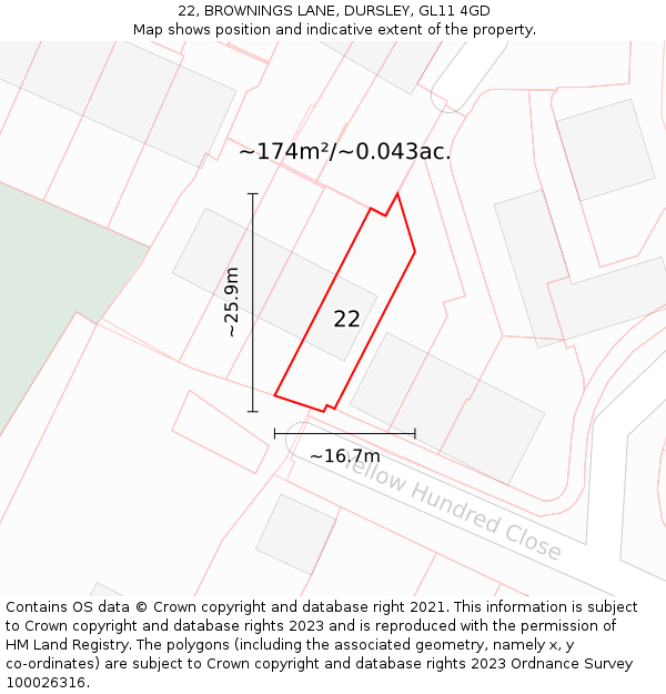 22, BROWNINGS LANE, DURSLEY, GL11 4GD: Plot and title map