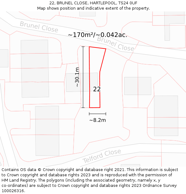 22, BRUNEL CLOSE, HARTLEPOOL, TS24 0UF: Plot and title map