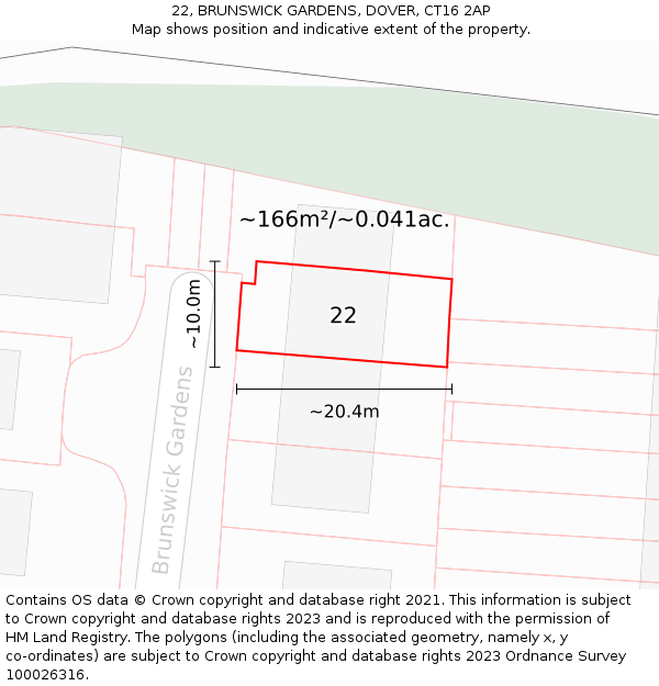 22, BRUNSWICK GARDENS, DOVER, CT16 2AP: Plot and title map