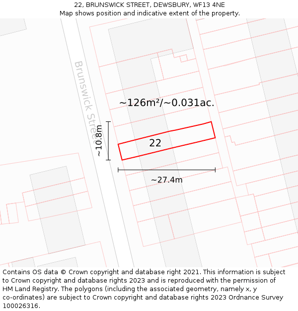22, BRUNSWICK STREET, DEWSBURY, WF13 4NE: Plot and title map