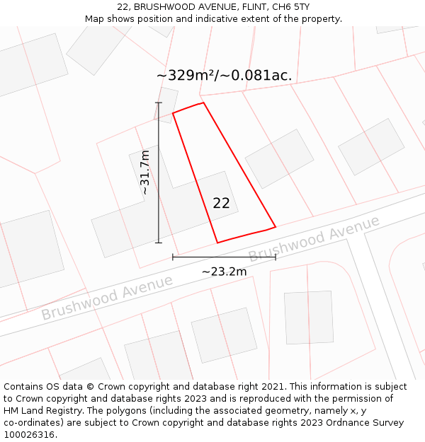 22, BRUSHWOOD AVENUE, FLINT, CH6 5TY: Plot and title map