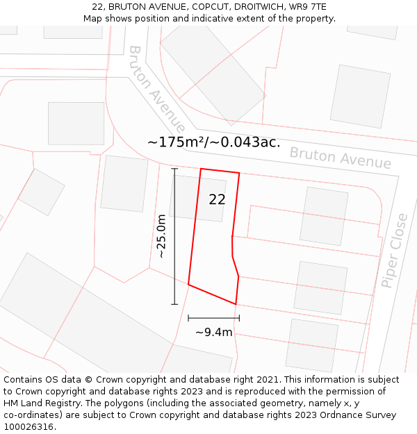 22, BRUTON AVENUE, COPCUT, DROITWICH, WR9 7TE: Plot and title map