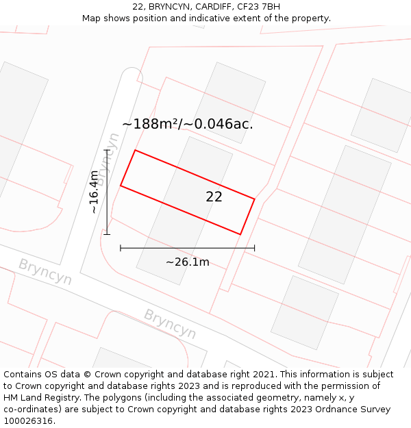 22, BRYNCYN, CARDIFF, CF23 7BH: Plot and title map