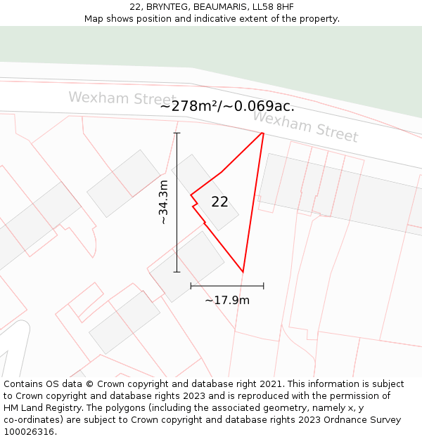 22, BRYNTEG, BEAUMARIS, LL58 8HF: Plot and title map