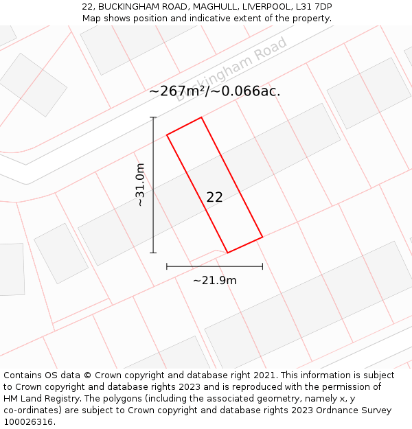 22, BUCKINGHAM ROAD, MAGHULL, LIVERPOOL, L31 7DP: Plot and title map