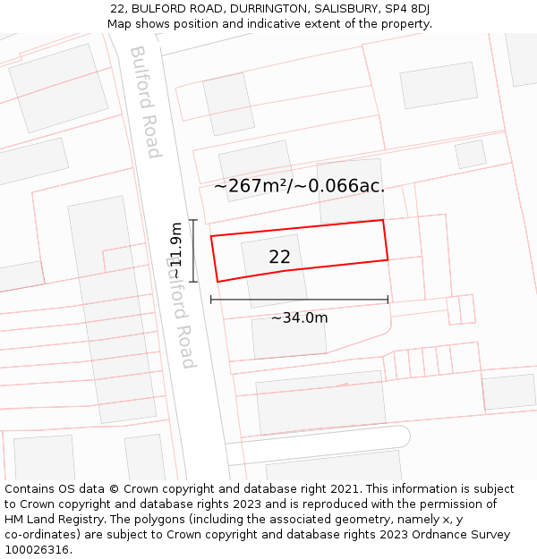 22, BULFORD ROAD, DURRINGTON, SALISBURY, SP4 8DJ: Plot and title map