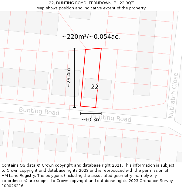 22, BUNTING ROAD, FERNDOWN, BH22 9QZ: Plot and title map