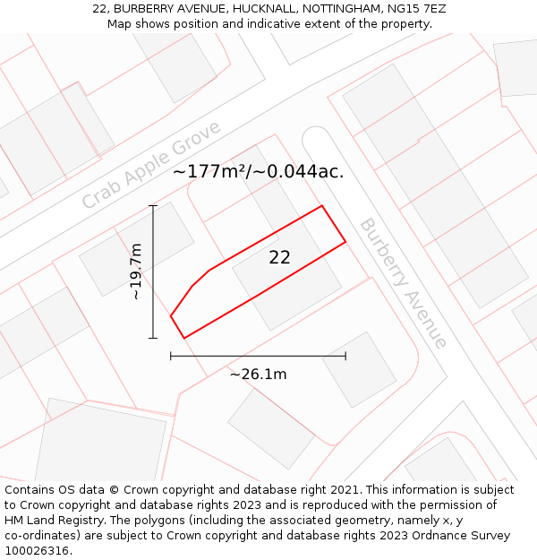 22, BURBERRY AVENUE, HUCKNALL, NOTTINGHAM, NG15 7EZ: Plot and title map