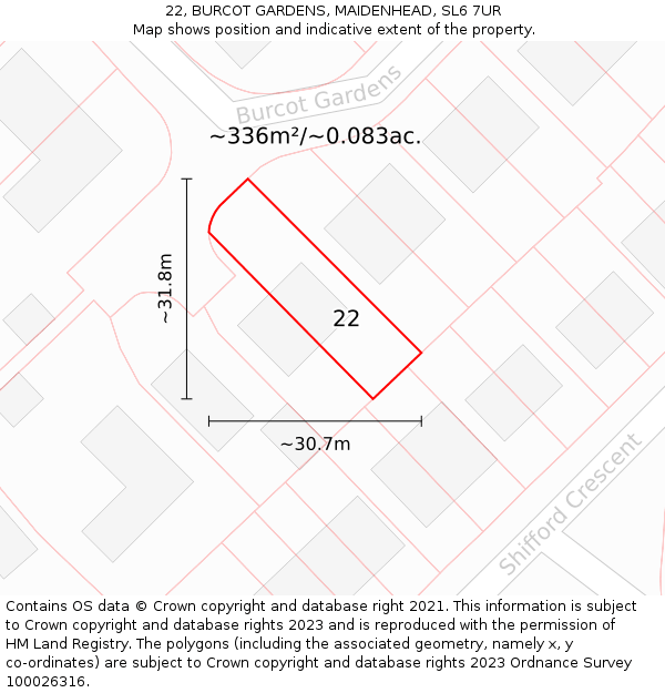 22, BURCOT GARDENS, MAIDENHEAD, SL6 7UR: Plot and title map