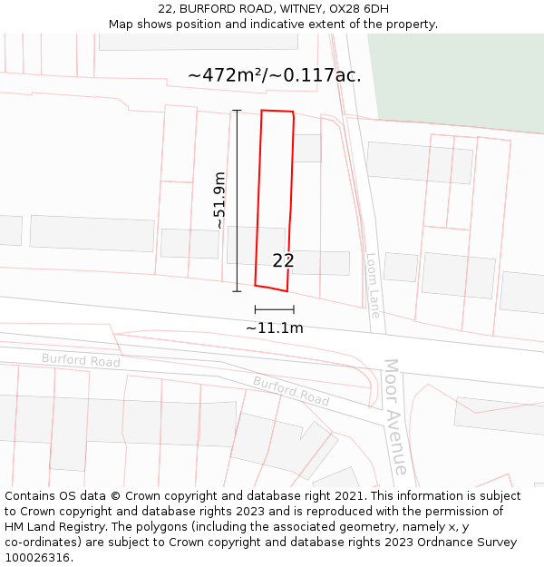 22, BURFORD ROAD, WITNEY, OX28 6DH: Plot and title map