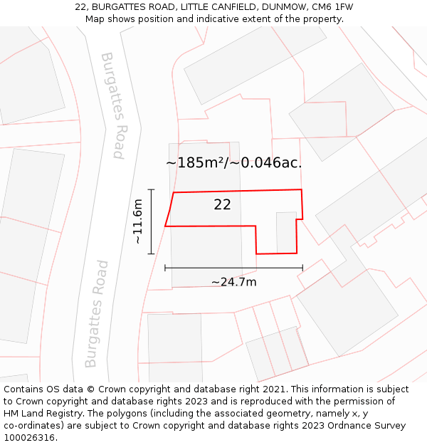 22, BURGATTES ROAD, LITTLE CANFIELD, DUNMOW, CM6 1FW: Plot and title map