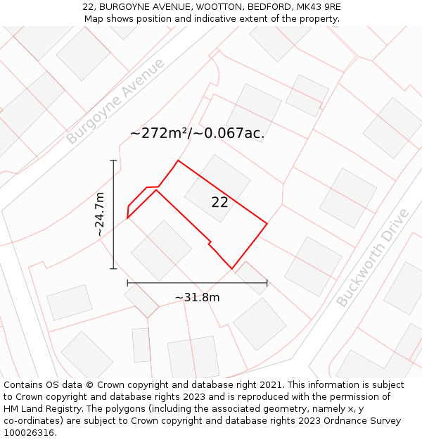 22, BURGOYNE AVENUE, WOOTTON, BEDFORD, MK43 9RE: Plot and title map
