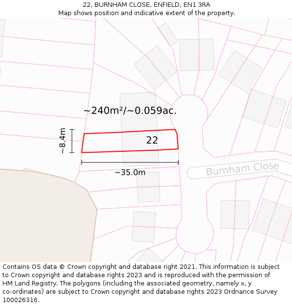22, BURNHAM CLOSE, ENFIELD, EN1 3RA: Plot and title map