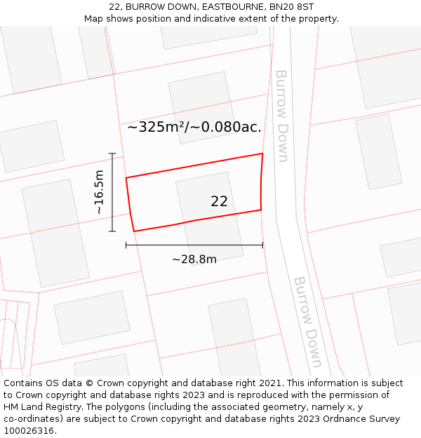 22, BURROW DOWN, EASTBOURNE, BN20 8ST: Plot and title map