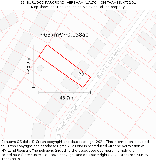 22, BURWOOD PARK ROAD, HERSHAM, WALTON-ON-THAMES, KT12 5LJ: Plot and title map