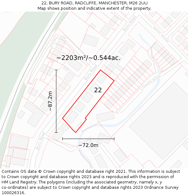 22, BURY ROAD, RADCLIFFE, MANCHESTER, M26 2UU: Plot and title map