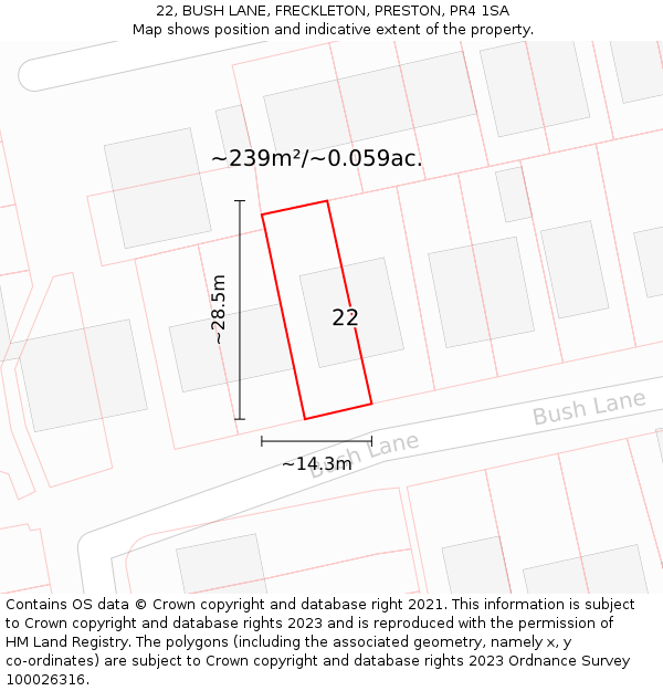 22, BUSH LANE, FRECKLETON, PRESTON, PR4 1SA: Plot and title map