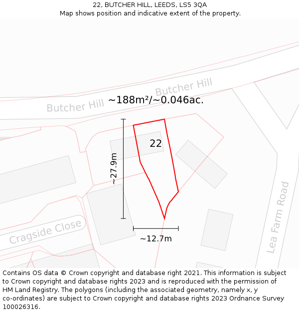 22, BUTCHER HILL, LEEDS, LS5 3QA: Plot and title map