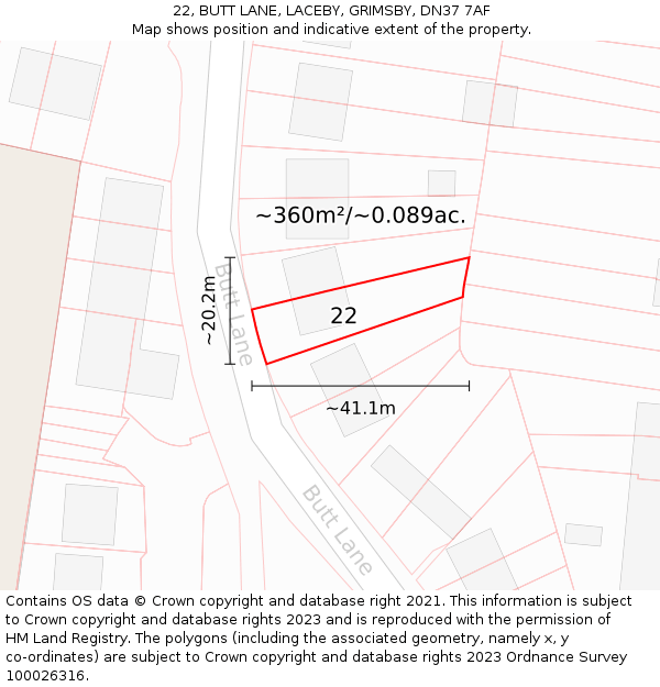 22, BUTT LANE, LACEBY, GRIMSBY, DN37 7AF: Plot and title map