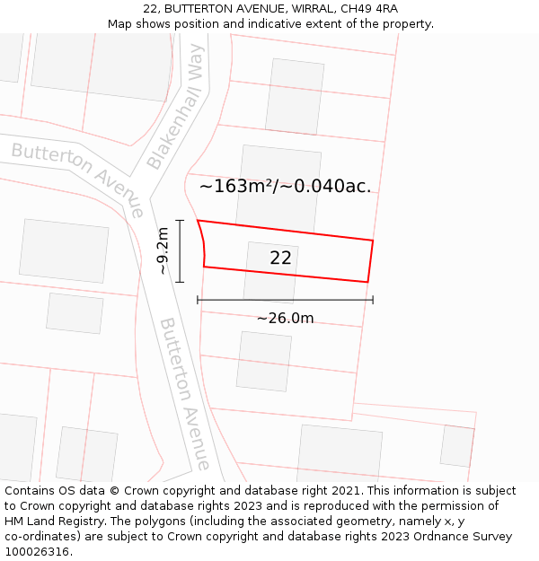 22, BUTTERTON AVENUE, WIRRAL, CH49 4RA: Plot and title map