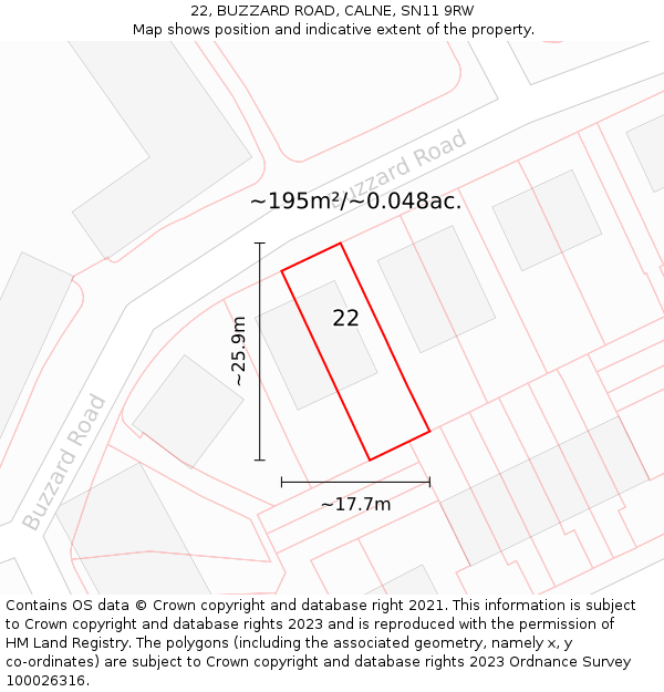 22, BUZZARD ROAD, CALNE, SN11 9RW: Plot and title map