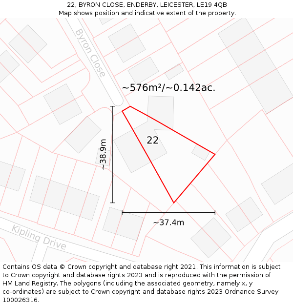 22, BYRON CLOSE, ENDERBY, LEICESTER, LE19 4QB: Plot and title map