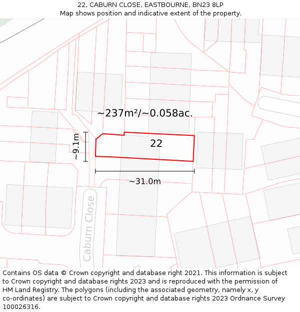 22, CABURN CLOSE, EASTBOURNE, BN23 8LP: Plot and title map