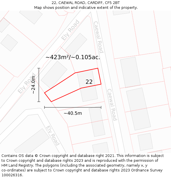 22, CAEWAL ROAD, CARDIFF, CF5 2BT: Plot and title map