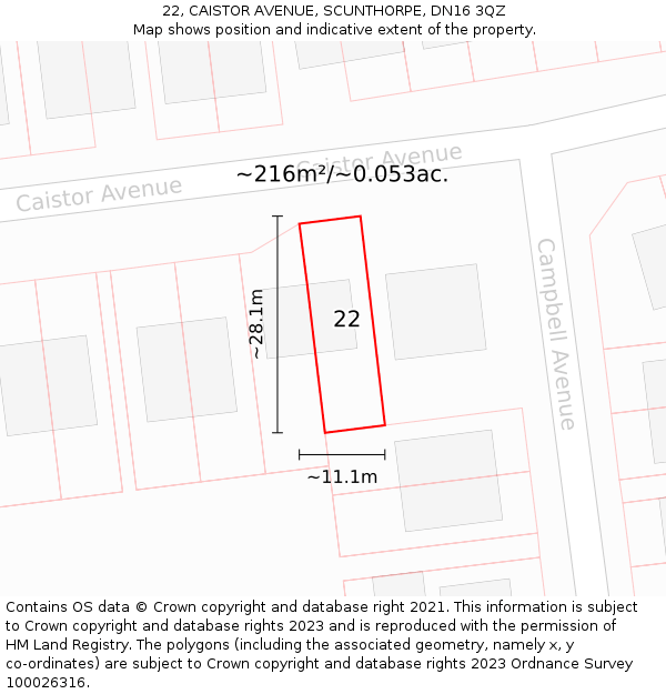 22, CAISTOR AVENUE, SCUNTHORPE, DN16 3QZ: Plot and title map