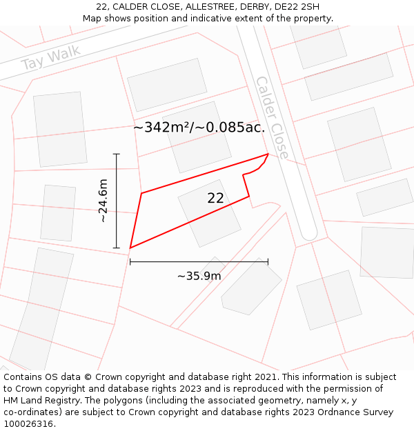 22, CALDER CLOSE, ALLESTREE, DERBY, DE22 2SH: Plot and title map