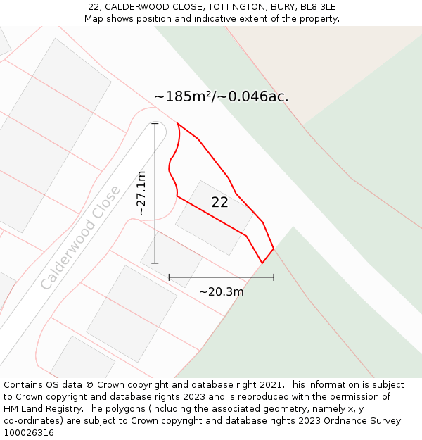 22, CALDERWOOD CLOSE, TOTTINGTON, BURY, BL8 3LE: Plot and title map