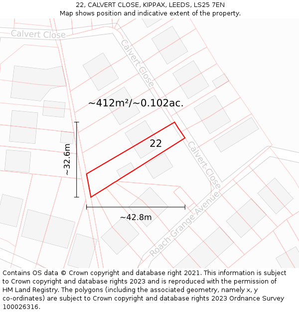 22, CALVERT CLOSE, KIPPAX, LEEDS, LS25 7EN: Plot and title map